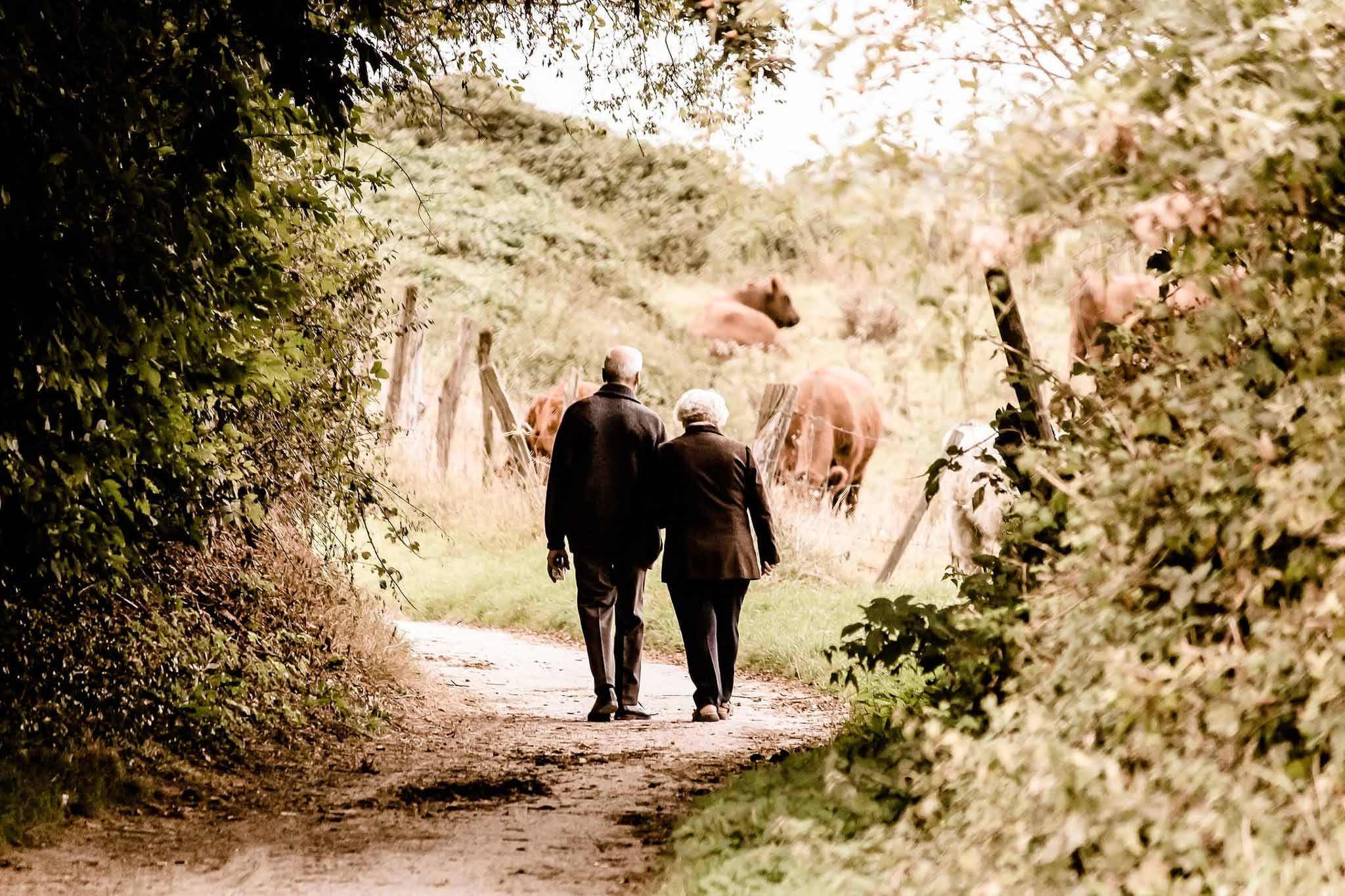 Duas pessoas idosas a passear no campo